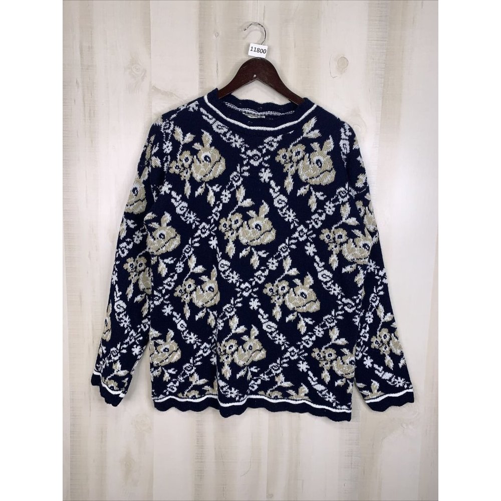 Spunky Vintage Navy Scalloped Neck Knit Womens Sweater Large USA Made NWT-11800